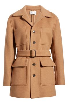 This woolly longline jacket is designed with a defining belt and roomy flap pockets. 31" length Front button closure Notched lapels Attached belt Front flap pockets 40% wool, 30% lyocell, 30% polyamide Dry clean Made in Portugal Classic Belted Outerwear For Fall, Belted Collared Outerwear For Business, Classic Fall Outerwear With Belt, Classic Outerwear With Notch Lapel And Belt Loops, Belted Wool Coat With Lapel Collar For Work, Belted Brown Outerwear For Business, Brown Belted Cuffs Office Outerwear, Brown Belted Wool Coat For Work, Brown Belted Wool Coat With Lapel Collar