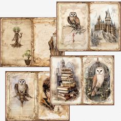 an assortment of harry potter themed artwork on old parchment paper with owl, hogwart's castle, and book pages