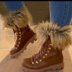 Brown Insulated Thick Sole Boot With Fur Throughout The Ankle And Outside Of The Boot. Fits True To Size. Faux Fur Fashion, Ankle Strap Chunky Heels, Closed Toe Heels, Round Toe Sneakers, Winter Fashion Boots, Purple Sneakers, Martin Boots, Fur Boots, Fur Fashion