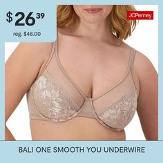 PARE YOUR PROFILE: Here's an underwire bra that delivers on its promise of minimizing your shape. The One Smooth U lightweight lace minimizer bra is designed to slim your profile up to 1.5 inches, creating a sleek, smooth silhouette to help you look and feel your best. This smartly designed full-coverage bra uses power mesh to enhance comfort and support, with a power mesh lining, neckline, sides, and back providing effective yet breathable support and smoothing all around. You'll appreciate th… Minimizer Bras, Bras Lace, Minimizer Bra, Minimiser Bra, Full Coverage Bra, Your Profile, Underwire Bra, Bali, Sleek