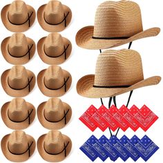 PRICES MAY VARY. Practical Set: you will receive 12 khaki straw cowboy hats, and 12 polyester printed square scarfs (6 blue and 6 red), the quantities are enough to meet your daily use and replacement, or as holiday or birthday gifts for your family or friends Suitable Size: the size of each one size straw cowboy hat is approximate. 34 x 34 x 12 cm/ 13.39 x 13.39 x 4.72 inches, head circumference of 55 cm/ 22 inches, suitable for most people, and the hat is attached with a rope, which can be adj Straw Cowboy Hats, Cowboy Themed Birthday Party, Head Bandana, Cowboy Costume, Western Theme Party, Straw Cowboy Hat, Western Accessories, Cowboy Party, Western Cowboy Hats