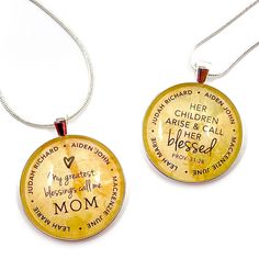 "A meaningful, personalized necklace Mom or Grandma will certainly cherish! Let us personalize this beautiful pendant with her children's names surrounding the words \"My greatest blessings call me Mom\" or \"Her children arise and call her blessed -Proverbs 31:28.\" The silver-plated pendant is approximately 1 1/2\" (38mm) in diameter and is strung on a 24\" silver-plated snake chain with lobster-claw clasp. Or we can design a one-of-a-kind pendant! Feature all of the grandkid's names, name and Meaningful Necklace, Earrings Sets, Mothers Bracelet, Necklace Mom, Silver Plated Bracelet, Call My Mom, Round Pendant Necklace, Jewelry Making Charms, Proverbs 31