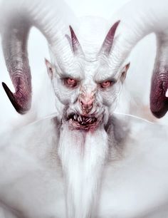 an evil looking man with long white hair and horns