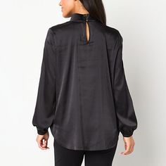 Make a style statement for the office or drinks with this Bold Elements women's satin blouse. This pullover stretch-jersey top has a cut-out v-shaped mock neckline, long split puffed sleeves and a back button-loop closure. Pair yours with pants and pointed-toe pumps. Closure Type: Elastic Loop&buttonFit: Regular FitNeckline: V NeckSleeve Length: Long SleeveSleeve Style: Split SleeveApparel Length: 29 InchesFiber Content: 97% Polyester, 3% SpandexFabric Description: SatinCare: Machine Wash, Tumb… Chic Solid Split Neck Blouse, Chic Solid Color Split Neck Blouse, Fall Split Neck Tops For Workwear, Elegant V-neck Top With Back Button Closure, Versatile V-neck Blouse With Button Closure, V-neck Blouse With Back Button Closure For Fall, Fall V-neck Shirt With Back Button Closure, Collared Tops With Back Button Closure For Night Out, Long Sleeve Blouse With Back Button For Night Out