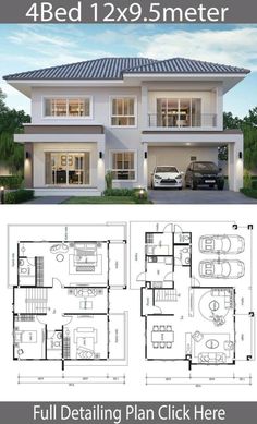 two story house plan with three car garages and an attached living area, in the middle