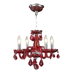 a red chandelier with five lights hanging from it's centerpieces