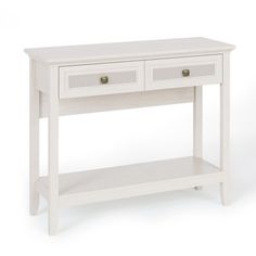 a white console table with two drawers on one side and an open drawer on the other