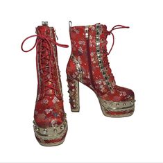 Womens Platform Super High Heels Square Toe Pearl Lace Strap Rivet Decor Boot Condition: New Without Original Box, There Are Small Marks On The Sole Of Both Boots, You Can See Them In The Photos. Size : 38 = 7.5 Chunky Bootie In Red Is An Ultra-Luxe Embroidered Satin Floral Print Bootie Featuring A Gilded Metallic Platform Sole And A Coordinating Chunky Heel. Complete With A Gemstone-Embellished Design, Baroque Detailing, A Squared Toe, A Lace-Up Vamp, And A Classic Inner Ankle Zipper Closure. F Spring Party Boots With Red Sole, Red Platform Boots With Reinforced Heel For Party, Red Platform Boots With Block Heel, Ruby Platform Boots, Red High Heel Platform Boots, Red Leather High-top Platform Boots, Grey Ankle Boots, Black Kitten Heels, Black Suede Ankle Boots