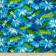 blue flowers and leaves on a bright blue background