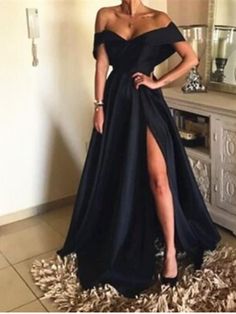 Sexy Black Off-the-Shoulder Long Evening Dress With Split Online-Ballbella Black Satin Prom Dress, Evening Dresses Uk, Satin Evening Dresses, Elegant Maxi Dress, Satin Prom Dress, Dresses Elegant, Plus Size Maxi Dresses, Evening Gowns Formal, Party Gowns