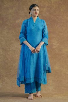 Teal blue kurta with lace embroidery. Comes with palazzo and a dupatta. - Aza Fashions Blue Lace Work Kurta For Wedding, Blue Anarkali Dupatta With Lace Work, Eid Blue Lace Dress, Blue Lace Eid Dresses, Blue Lace Dress For Eid, Traditional Blue Dupatta With Lace Work, Blue Traditional Dress With Lace Work, Traditional Blue Dress With Lace Work, Traditional Blue Lace Dress