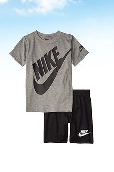 The classic Nike® Kids Dri-FIT Logo Graphic T-Shirt & Shorts Two-Piece Set is the perfect weekday outfit! Ultralightweight knit is crafted in a solid color with brand marking hits throughout for an iconic look. Regular-fit set includes a classic T-Shirt and shorts. Crew neck shirt features short sleeves, tagless design, and a straight hem. Performance shorts crafted with a stretch waistband and a straight hem. Sports Sportswear Nike Kids Kds Clothing Tee Shirts Tee's Sets Style Soft Comfort Bold Solid Color Sports Sets For Summer, Sporty Letter Print Sets For Spring, Spring Sporty Sets With Letter Print, Spring Sporty Letter Print Sets, Gray Cotton Summer Activewear, Sporty Solid Cotton Sets, Sporty Cotton Sets For Spring, Sporty Solid Color Tops For Playwear, Sporty Cotton Sets With Graphic Print