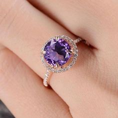 Sale Halo Amethyst Engagement Ring Rose Gold Diamond Band Amythest Engagement Rings, Dazzling Amethyst Diamond Ring For Wedding, Elegant Purple Jewelry For Wedding, Dazzling Round Stone Wedding Jewelry, Dazzling Wedding Jewelry With Round Stone, Dazzling Round Stone Jewelry For Wedding, Elegant Amethyst Halo Ring For Anniversary, Elegant Purple Diamond Ring For Anniversary, Elegant Amethyst Ring With Halo Design For Anniversary