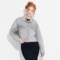 Cropped Denim Trucker Jacket from Wild Fable™. Crafted from heavyweight, 100% recycled cotton fabric. Tailored in a cropped silhouette with mid length. Features classic stitched-seam details with a collared neckline, a button-front design and long sleeves with buttoned cuffs. Two flap chest pockets with button closures complete the look. If you're not satisfied with any Target Owned Brand item, return it within one year with a receipt for an exchange or a refund. Wild Fable™: A look for every st Cropped Cotton Jacket With Frayed Hem, Fall Cotton Denim Jacket With Frayed Hem, Cotton Denim Jacket With Frayed Hem For Fall, Trendy Cropped Jacket With Frayed Hem For Fall, Cotton Denim Jacket With Frayed Hem, Relaxed Fit, Cotton Denim Jacket With Frayed Hem In Relaxed Fit, Fall Cropped Jacket With Frayed Hem, Cotton Denim Jacket With Frayed Hem And Relaxed Fit, Frayed Hem Cropped Jacket For Fall