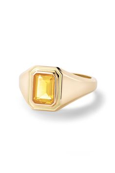 This modern, yet classic signet ring features a colored stone of your choosing with coordinating enamel. The ruby, emerald & sapphires are lab-created stones. Classic Signet Ring With Rectangular Gemstone, Timeless Emerald Cut Gemstone Signet Ring, Classic Yellow Sapphire Jewelry, Yellow Gold Signet Ring With Rectangular Gemstone, Yellow Gold Gemstone Signet Ring, Fine Jewelry Yellow Gold Signet Ring With Gemstone, Classic Enamel Ring With Gemstone, Rectangular Gemstone Signet Ring In Fine Jewelry Style, Classic Yellow Signet Ring With Polished Finish