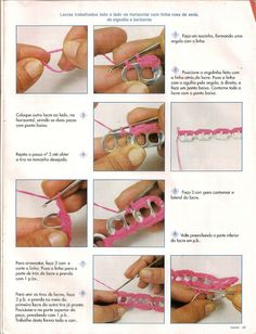 the instructions for crochet are shown in pink yarn, and there is an image of