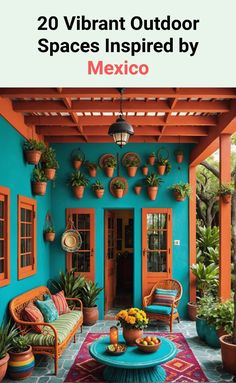 an outdoor patio with potted plants and colorful furniture