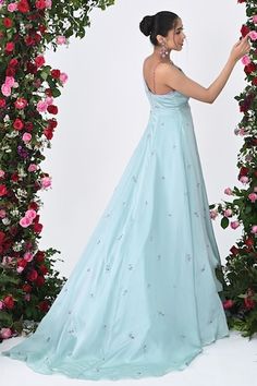 Tiffany blue sleeveless attached cancan padded gown with tonal rose bloom sequin embroidery and plunging V neckline. - Aza Fashions Sleeveless Gown For Debutante Ball In Spring, Spring Sleeveless Gown For Debutante Ball, Sleeveless Gown With Floral Applique For Prom, Sleeveless Floral Applique Dress For Debutante Ball, Sleeveless Floral Embroidered Dresses For Debutante Ball, Sleeveless Floral Embroidered Gown For Prom Season, Sleeveless Gown With Floral Embroidery For Prom Season, Sleeveless Floral Embroidered Gown For Prom, Sleeveless Dresses With Floral Embroidery For Debutante Ball