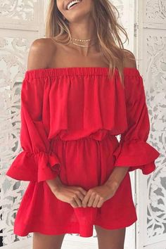 Size(in) Bust Waist S 31.5  24.8  M 32.7  26.4  L 34.6  28.0  XL 36.6  29.5 Red Mini Dress With Ruffle Hem, Off-shoulder Solid Color Mini Dress For Date Night, Casual Off-shoulder Mini Dress In Solid Color, Red Mini Dress With Ruffle Hem For Night Out, Casual Solid Off-shoulder Mini Dress, Off-shoulder Ruffled Mini Dress, Red Solid Color Dress For Day Out, Red Solid Color Summer Dress, Red Dress For Day Out