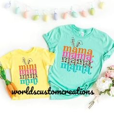 Mama/Mini Bunny Easter Tees Can Make In A Variety Of Sizes And Colors. Tees Are Unisex Sizing. The Price Is For 2 Tees... Just Need One Please Dm Or Comment To Discuss. #Mama #Bunny #Easter #Matching #Mommyandme #Mini Neon Yellow Cotton T-shirt For Spring, Cute Yellow Crew Neck Top, Fun Yellow Short Sleeve Tops, Playful Yellow Crew Neck Top, Yellow Letter Print Top For Spring, Yellow Letter Print Tops For Spring, Cute Yellow Top With Graphic Print, Cute Yellow Graphic Print Top, Mint Tee