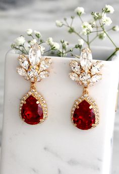 Ruby Earrings, Garnet Red Drop Earrings, Ruby Red Crystal Earrings, Bridal Ruby Drop Earrings, Ruby Red Swarovski Chandelier Earrings Ruby Earing Design Gold, Ruby Earrings Aesthetic, Red Ruby Jewelry, Rubin Earrings, Red Diamond Earrings, Swarovski Chandelier, Ruby Dress, Garnet Drop Earrings, Jewel Earrings