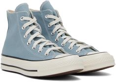 Converse.Blue Chuck 70 High Top Sneakers.High-top canvas sneakers in blue..· Rubber cap toe.· Lace-up closure.· Logo and eyelets at inner side.· Rubberized logo patch at heel.· OrthoLite™ padded footbed.· Treaded rubber sole.· Contrast stitching in white.Supplier color: Cocoon blue.Upper: textile. Sole: rubber..Made in Viet Nam..232799M236073 Blue Chuck 70, Chuck 70 High Top, Converse Boots, Converse Vintage, Converse Logo, Blue High Tops, Blue Converse, Preppy Shoes, High Sneakers