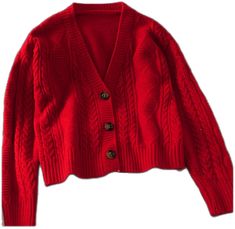 Red V-neck Outerwear With Button Closure, Red V-neck Sweater With Button Closure, Trendy Red Sweater With Buttons, Trendy Red Sweater With Button Closure, Red Sweater With Button Closure For Fall, Red Winter Sweater With Buttons, Red Button Cardigan For Fall, Red Buttoned Sweater For Winter, Red Sweater With Buttons For Winter