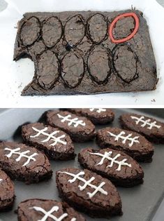 chocolate cookies with white crosses on them are in a baking pan and then decorated to look like footballs