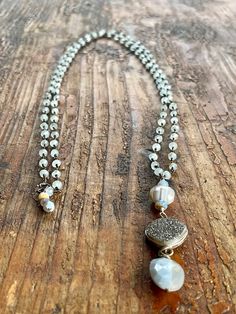 Denim Blue Opal oval, & round silver Druzy Bezel Bead focal on gunmetal wrapped light blue chalcedony rosary chain. Necklace is 40" and can be worn multiple ways Rosary Chain Necklace, Wrapped Lights, Rosary Chain, Blue Chalcedony, Blue Opal, Atlanta Ga, Denim Blue, Jewelry Ideas, Rosary