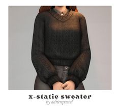 an image of a woman wearing a sweater with her hands in her pockets and the words x - static sweater