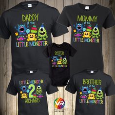 three matching shirts for the little monster birthday party