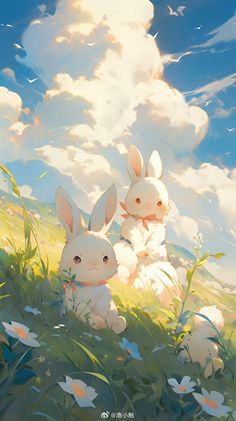 two rabbits sitting in the grass with clouds behind them and daisies on the ground