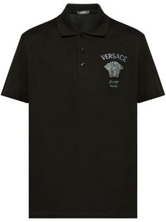 black cotton piqué weave Medusa Head motif embroidered logo at the chest polo collar front button placket short sleeves straight hem Collared Cotton T-shirt With Embroidered Logo, Designer Cotton Collared T-shirt, Cotton Polo T-shirt With Embroidered Logo, Designer Black Cotton Polo Shirt, Black Cotton Polo Shirt With Embroidered Logo, Black Collared T-shirt With Embroidered Logo, Designer Cotton T-shirt With Embroidered Logo, Black Embroidered Top With Collar, Luxury Black Tops With Button Closure