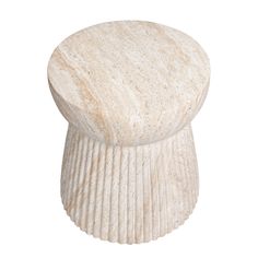 a white marble stool with pleated design on the top and bottom, isolated against a white background