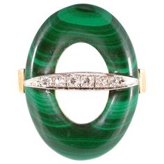 This beautiful yellow and white gold ring, with pierced undergallery, supports a stunning oval-shaped malachite - with an accent diamond bar across the center. Size 6 Vintage Cocktail Ring, Bar Ring, Diamond Cocktail Rings, Diamond Bar, Vintage Cocktail, Bling Rings, Antique Diamond, White Gold Ring, Diamond Cluster