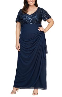 Sparkle and shine in this stunning dress! Flutter sleeves elevate this classic silhouette, giving you a modern silhouette, without being fussy. This look is a must have. Plus Size Long Gown, Mock Dress, Empire Waist Gown, Alex Evenings, Empire Waist Dress, Empire Dress, Long Sleeve Short Dress, Review Dresses, A Line Gown