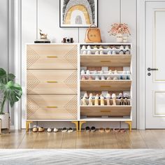 Transform your cluttered entryway hallway into a clean and organized space with this shoe storage cabinet, equipped with 3 drawers, providing ample storage for all of your shoes, keeping them easily accessible in entrance.. This shoe cabinet is designed with flip doors, the interior of each drawer is lined with adjustable and removable dividers, so you can create customized storage solution to meet your different needs, also protect shoes from dust.. This slim shoe cabinet boasts a sleek and elegant design, with a crisp white finish accented by light symmetrical wood grain patterns on the drawer fronts, match with gleaming gold handles, add a touch of sophistication and luxury to the overall look.. Equipped with 3 drawers, providing ample storage for all of your shoes, keeping them easily Entryway Nook/storage, Arrow Entryway Shoe Storage, Entryway Closet With Shoe Cabinet, Closet Shoe Storage Storage Cabinets, Front Door Shoe Storage Entryway Farmhouse, Shoe Cabinet Entryway Front, Shoe Cabinet Entryway Rack, Fold Out Shoe Storage, Entry Way Shoe Storage Wnd Table