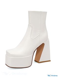 OrcaJump - Womens PU Leather Ankle Boots with Square Heel, Minimalistic Design, Zipper Closure, for Fall/Winter, Solid Spring Platform Boots With Zipper Closure And Round Toe, White Pointed Toe Platform Boots For Winter, White Pointed Toe Platform Boots For Fall, White Square Toe Platform Boots For Fall, White Platform Boots With Square Toe For Winter, White High Ankle Platform Boots For Fall, White Faux Leather Heeled Boots With Square Toe, White Pointed Toe Platform Boots In Faux Leather, White Faux Leather Square Toe Heeled Boots