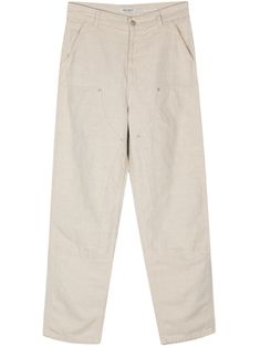 ecru cotton-linen blend canvas mid-rise belt loops classic five pockets logo patch to the rear reinforced knees tapered leg concealed fly and button fastening Women Carhartt, Logo Pants, Knee Pants, Carhartt Work In Progress, City Dress, Tapered Trousers, Tapered Pants, Linen Trousers, Summer Beach Wear