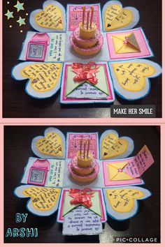 two pictures of a birthday cake on top of a table with greeting cards and envelopes