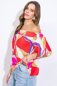 A printed woven top featuring smocked off shoulder neckline and short flutter sleeveDetails:Self: 97% Polyester 3% SpandexSize & Fit- Model is 5`9" And Wearing Size Small- Measurements Taken From Size Small- Approx. Length: 20" Flowy Smocked Top For Summer, Casual Off-shoulder Smocked Top For Summer, Trendy Multicolor Smocked Top With Smocked Back, Trendy Multicolor Smocked Top, Trendy Off-shoulder Smocked Top For Summer, Trendy Off-shoulder Smocked Summer Top, Trendy Off-shoulder Smocked Stretch Top, Chic Multicolor One-shoulder Top, Casual Multicolor Off-shoulder Tops