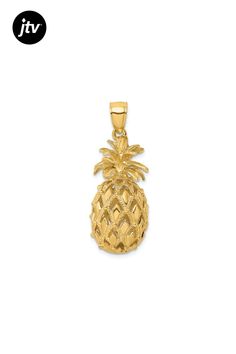 14k yellow gold textured and polished 3D pineapple charm. Measures approximately 1 7/16"L x 1/2"W and has a 7mm bail. Gold Texture, Pineapple, Yellow Gold, Texture, Yellow, Gold