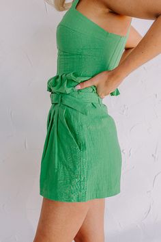 – There's no doubt people will be crushing on you when you arrive in these shorts – Lightweight cotton material with a soft rayon liner – Belt loops with detachable waist belt – Front pleated detail with two side pockets – Flattering silhouette that ends in straight mid-thigh length hemlines Green Summer Bottoms With Pleated Waist, Green Cotton Shorts For Day Out, Green Skort With Built-in Shorts, Green Pleated Waist Summer Bottoms, Green High-waisted Shorts For Day Out, Green Belted Bottoms For Spring, Chic Green Bottoms With Tie Waist, Chic Green Tie-waist Bottoms, Green Bottoms For Day Out With Short Inseam