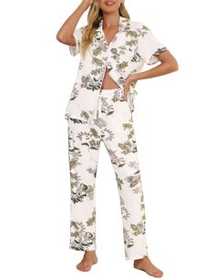 PRICES MAY VARY. 【Soft Pajamas For Women】This women's pajama set is made of soft viscose fabric, which is lightweight, breathable, stretchy, and comfortable, keeping you easeful while sleeping at night. 【Two-Piece Pjs Set】This sleep sets features a full button down shirt that is easy to get on and off, this great feature also makes it perfect for nursing your newborn at home or in the hospital. 【Button Up Pajamas Set】Short sleeve button front top with contrast piping, one chest pockets, notch co Karen Neuburger Pajamas, Relaxed Fit Floral Print V-neck Sleepwear, Matching Set Sleepwear For Pajama Party, Spring Relaxed Fit Pant Set For Pajama Party, Relaxed Fit Pant Set For Spring Pajama Party, Floral Print V-neck Sleepwear For Loungewear, Floral Print Sleepwear Long Pants For Loungewear, Floral Print Sleepwear For Pajama Party, Floral Print Sleepwear With Relaxed Fit Long Pants