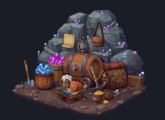 an animated image of a pirate's chest and other items in front of a rock formation