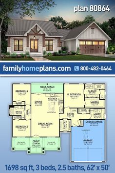 two story house plan with 3 beds, 2 baths, 6 bathrooms and an attached garage