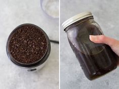 two images one showing a jar and the other shows coffee grounds in glass jars with lids