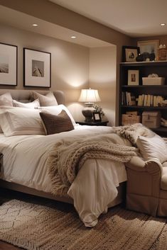 a bedroom with a bed, chair and bookshelf in the corner is lit by two lamps