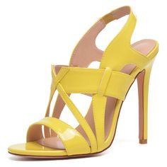 Yellow Party Sandals With 4-inch Heel, Elegant Yellow Heels For Summer, Elegant Yellow Summer Heels, Yellow Pointed Toe Evening Sandals, Yellow Heels With Wrapped Heel For Evening, Yellow Open Toe Heels With 4-inch Heel, Elegant High Heel Yellow Sandals, Elegant Yellow Sandals With Round Toe, Elegant Yellow High Heel Sandals