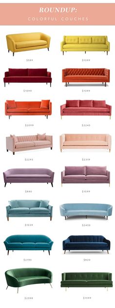 different colored couches are shown with the names in each one language and colors on them